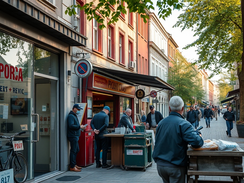 Grafika symbolizująca rynek pracy we Wrocławiu z ludźmi i ikonami technologii, podkreślająca hasło praca Wrocław.