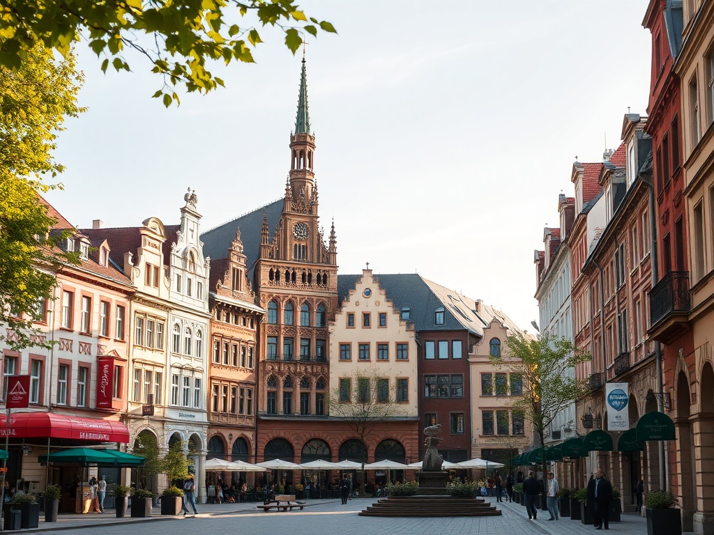 Wizualizacja nowoczesnego osiedla we Wrocławiu z zielenią i elementami wodnymi, obok grafika promująca Wrocławskie Targi Rzeczy Wyjątkowych.