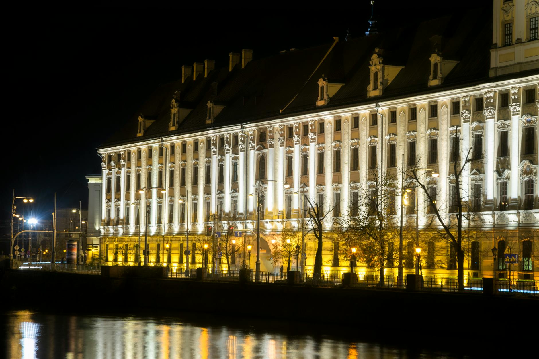 Uczestnicy 12. Nocnego Półmaratonu Wrocław biegnący nocą po oświetlonych ulicach miasta